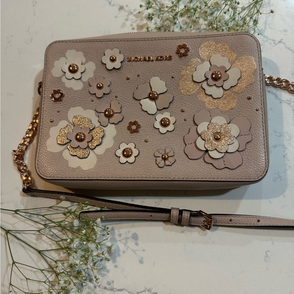 Michael Kors Handbags - Michael Kors Floral Embellished Beige Crossbody Bag